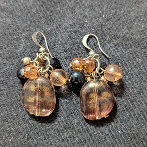 Silver Tone Brown And Black Beaded Cluster  Dangle Drop Statement Earrings
